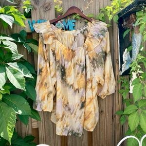 Zac & Rachel Women's Watercolor Print Ruffle 3/4 Sleeve Blouse, Size 3x